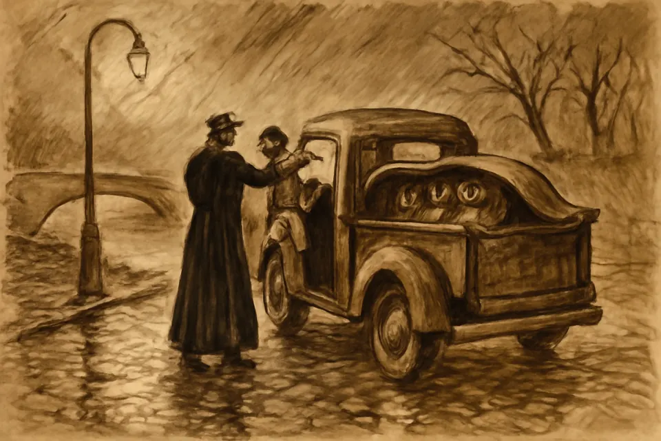 Ink-drawing-style scene of a priest seen from behind helping barefoot boys climb into a pickup truck on a cold, rainy night in Santiago in the 1940s