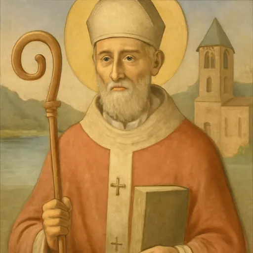 Fresco-style portrait of St. Albinus of Angers, an elderly bishop with a white beard in a miter and chasuble, holding a crozier and a book