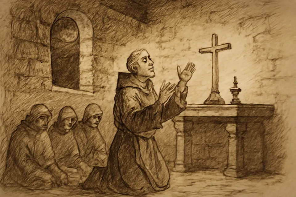 Ink-drawing-style scene of an abbot kneeling in prayer at night among his monks in a small stone chapel