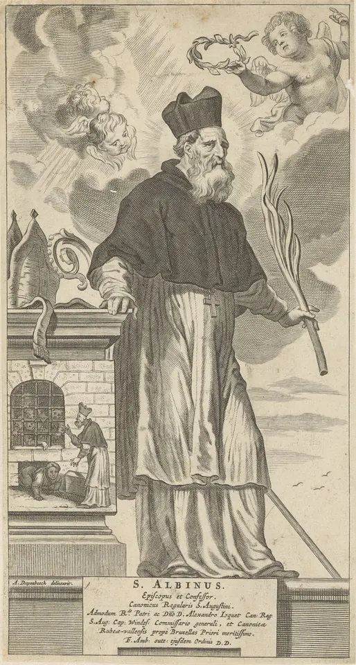 Engraving of a bearded bishop in a biretta and cape holding a palm and standing on a pedestal, with a small scene of prisoners leaving a barred tower behind him and angels with a wreath above