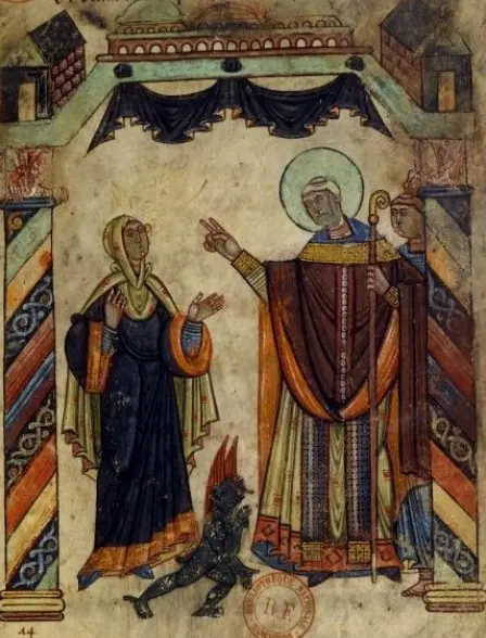 Romanesque manuscript painting of a haloed bishop in a red chasuble raising his hand toward a veiled woman, while a small dark demon falls away at their feet under a draped arch
