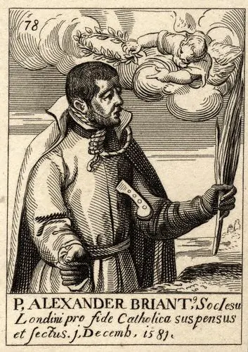 Engraving of a young bearded man in a dark gown holding a martyr's palm, with a knife set in his chest and an angel bringing a wreath from the clouds, captioned in Latin