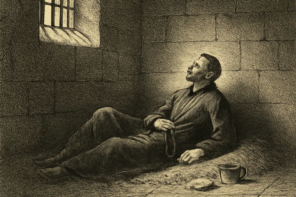 Engraving-style scene of a young priest lying exhausted on straw in a stone prison cell, holding a rosary and looking calmly upward