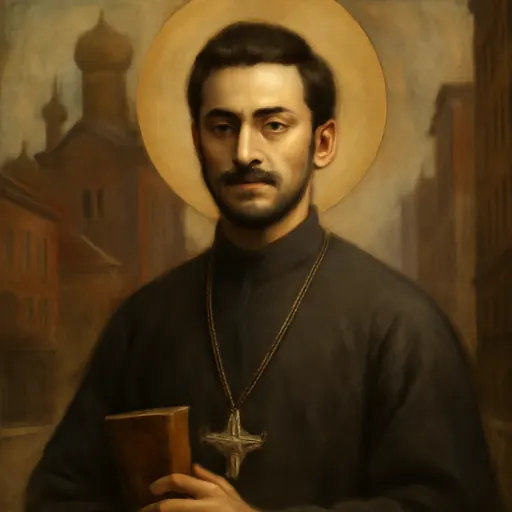 Oil-painting-style portrait of St. Alexander Hotovitzky as a young Orthodox priest with round spectacles, a short beard and a dark cassock with a pectoral cross