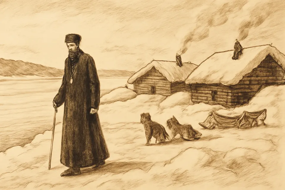 Ink-drawing-style scene of an exiled priest in a long coat walking along a snowy riverbank past log huts in the Siberian far north