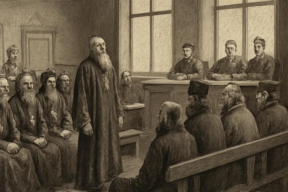 Engraving-style scene of a row of Orthodox priests in cassocks sitting on benches before judges in a crowded Moscow courtroom in 1922