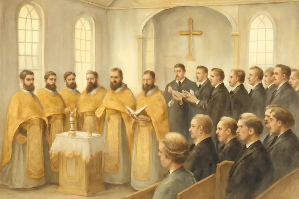 Watercolor-style scene of Orthodox priests in gold vestments singing a thanksgiving service in a small New England church in 1905