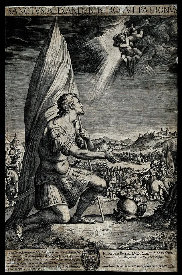 Engraving of a Roman soldier kneeling on a battlefield with a great banner over his shoulder, looking up at angels bringing him a crown, with the Latin title Sanctus Alexander Bergomi Patronus
