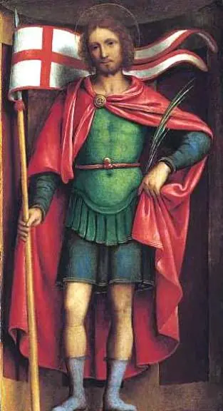 Renaissance painting of a young soldier saint in green armor and a red cloak, holding a white banner with a red cross on a tall staff and a martyr's palm