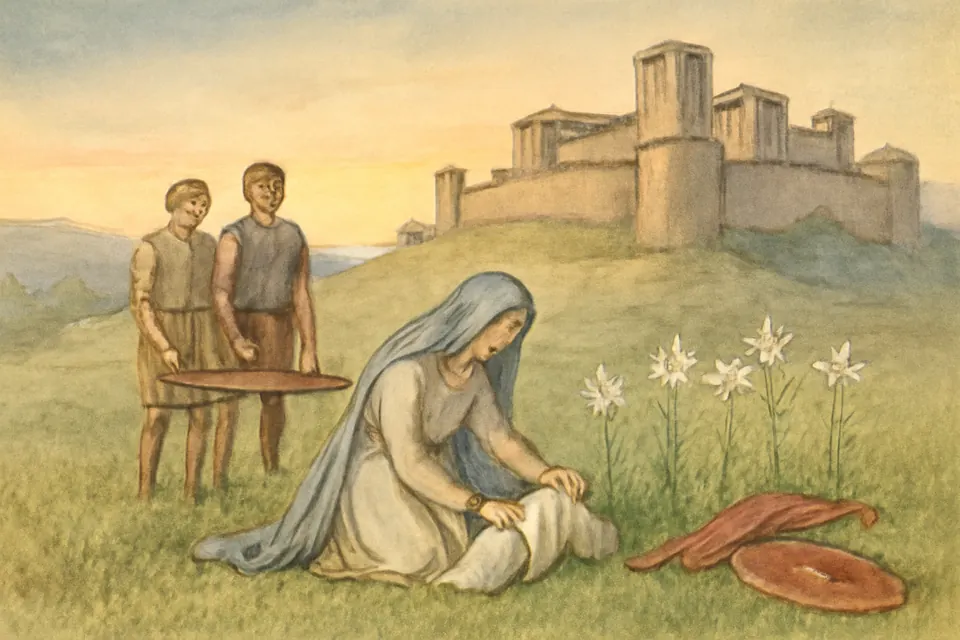 Watercolor-style scene of a noblewoman in a veil kneeling in a field of white lilies at dawn, gathering the remains of a martyr into a white cloth with her servants