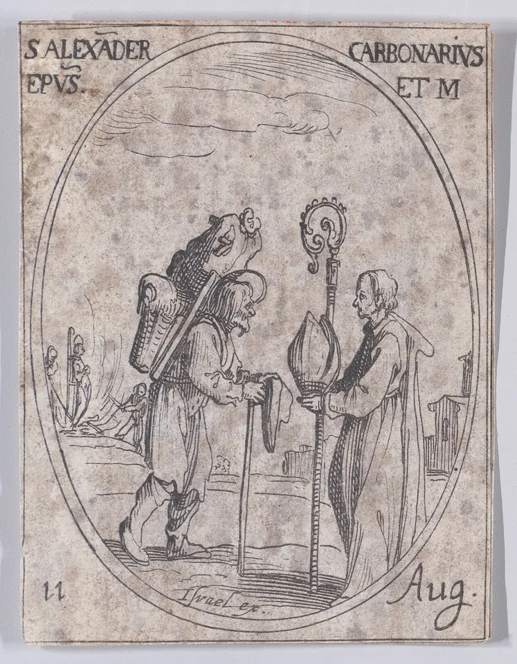 Small oval etching of a ragged man with a heavy load on his back and a walking stick, standing beside a robed figure holding a bishop's crozier, labeled S. Alexander Carbonarius