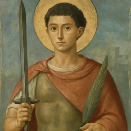 Fresco-style portrait of St. Alexander of Rome as a young beardless Roman soldier in armor and a red cloak, holding a sword and a martyr's palm
