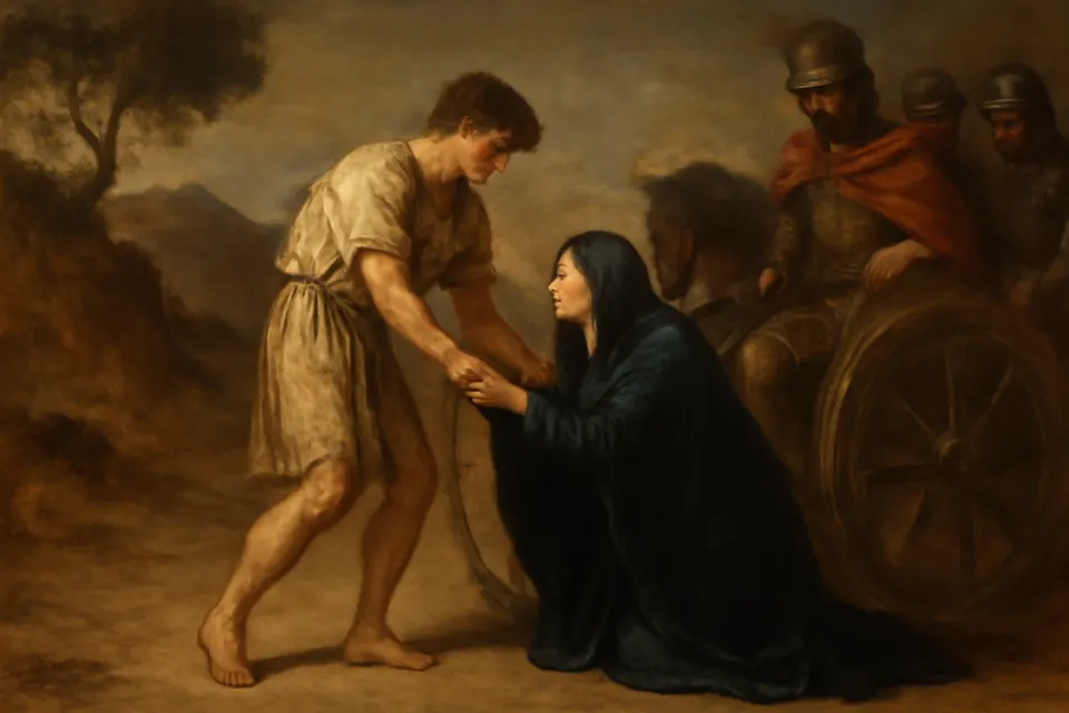 Oil-painting-style scene of a Roman mother in a dark veil embracing her son, a young chained prisoner, by a dusty road under guard