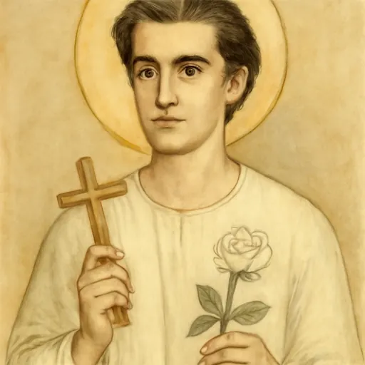 Watercolor holy-card portrait of St. Alexander Schmorell as a young man with dark swept-back hair in a white garment, holding a martyr's cross and a white rose