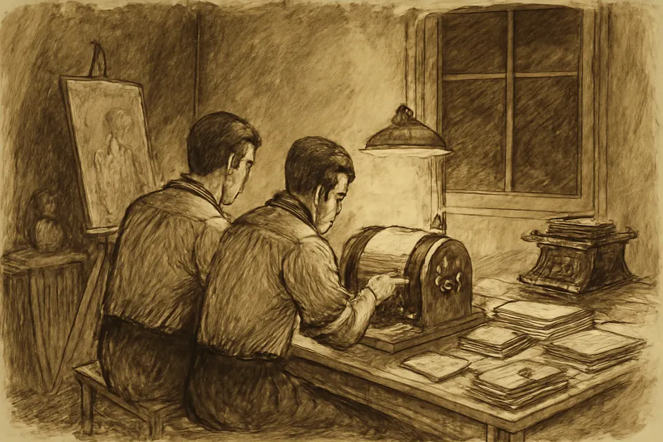 Ink-drawing-style illustration of two young men in a dim studio at night cranking a hand duplicating machine as printed leaflets pile up beside envelopes and stamps
