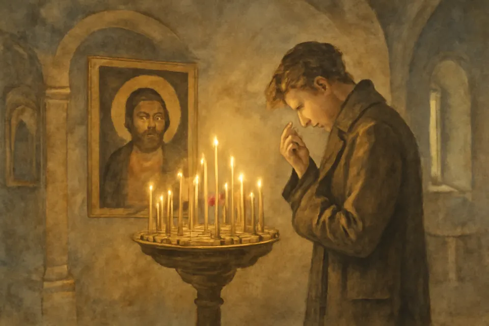 Watercolor of a young man in a 1940s overcoat crossing himself before candles and an icon of Christ in a small Orthodox church