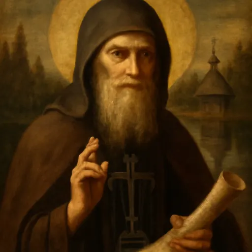 Oil-painting-style portrait of St. Alexander Svirsky, an elderly Russian monk with a long gray beard in a dark mantle and embroidered schema, holding a scroll before a northern forest lake