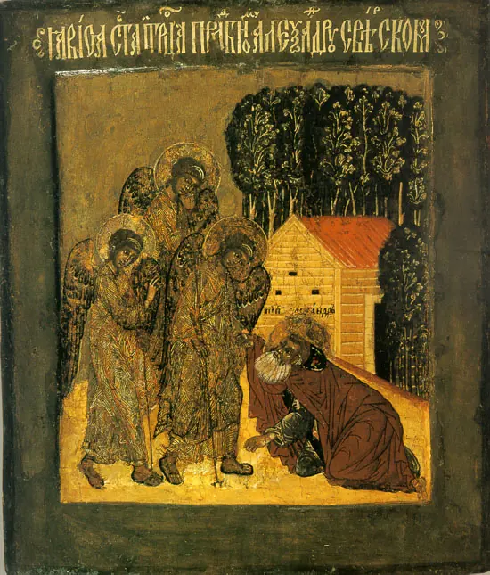 Russian icon of three winged angels with halos standing in a forest beside a small wooden house, and an old monk bowing to the ground before them