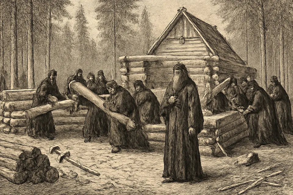 Engraving-style scene of Abbot Alexander and his monks raising a wooden church in a forest clearing in northern Russia