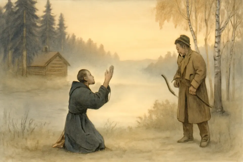 Watercolor-style scene of the hermit Alexander praying outside his small log cell beside a forest lake as the hunter Andrew watches from the trees