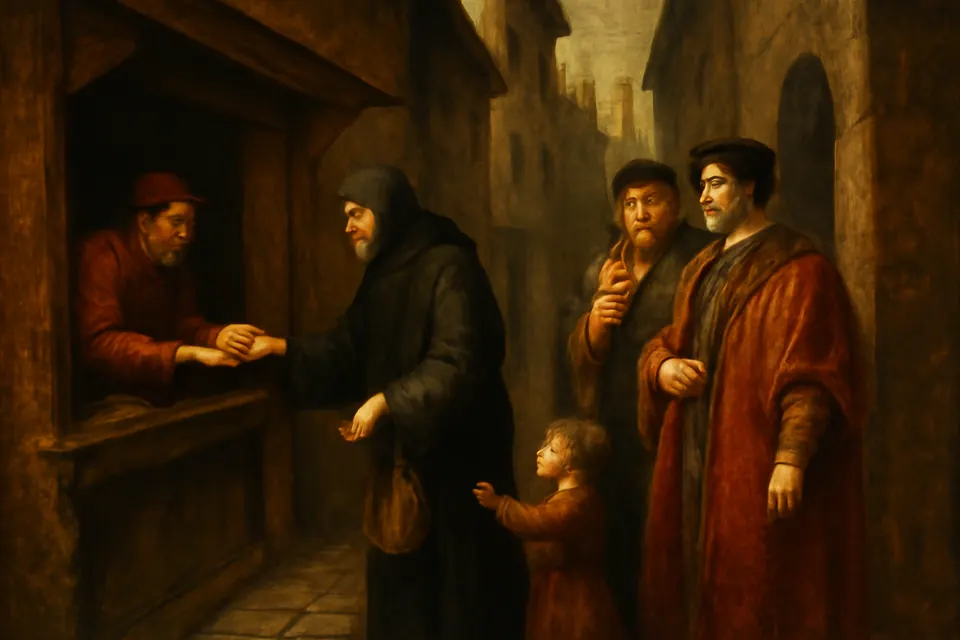 Painting-style scene of a friar in a black habit with an alms bag asking for bread at a merchant's door in a medieval Florence street, as well-dressed citizens stare
