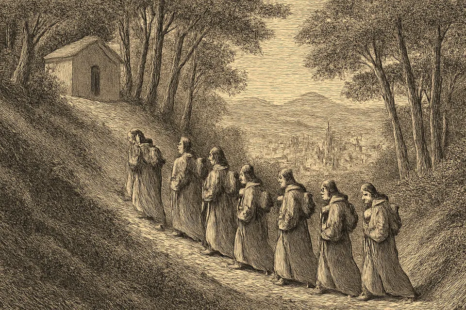 Engraving-style scene of seven men in plain gray robes climbing a wooded mountain path toward a small hermitage, leaving Florence behind