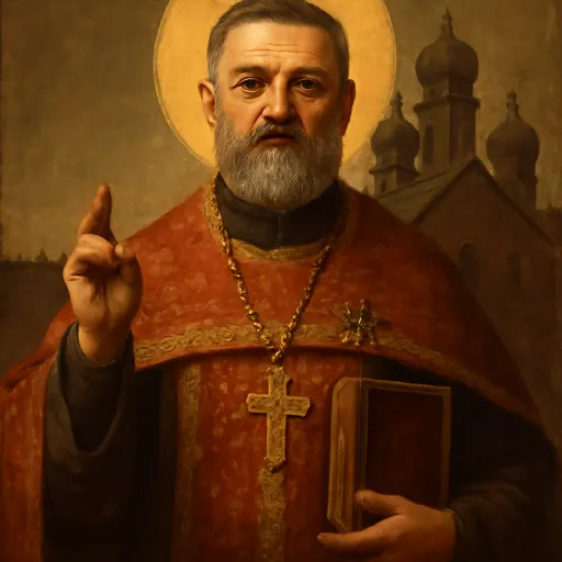 Oil-painting-style portrait of St. Alexis Toth, a gray-bearded Orthodox priest in a red phelonion with a pectoral cross, holding a Gospel book and blessing