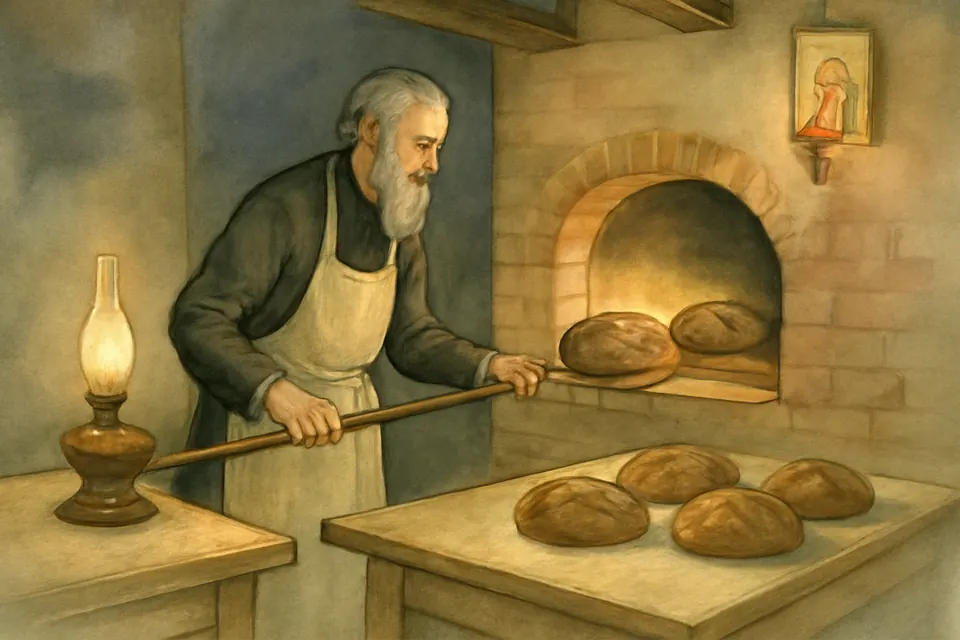 Illustration of Father Alexis working in a bakery before dawn to support himself while his poor parish could not pay him