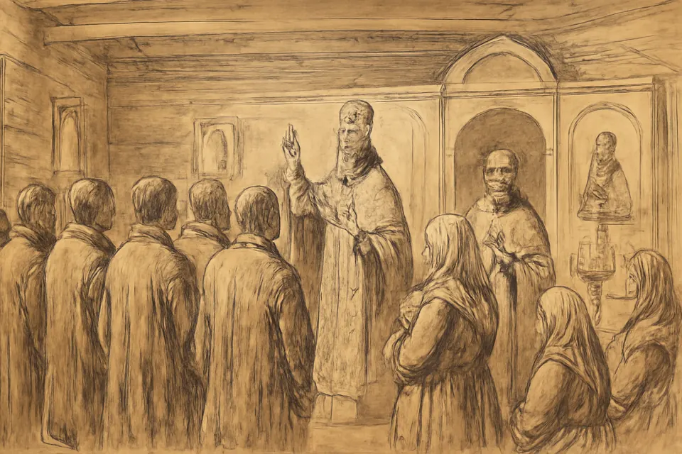 Illustration of the people of St. Mary's in Minneapolis being received into the Orthodox Church by a Russian bishop in 1891