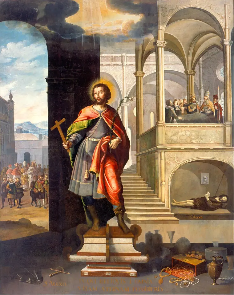 Pintura barroca novohispana de San Alejo de pie, con manto rojo, una cruz y un bastón de peregrino ante un palacio romano, con pequeñas escenas de su vida al fondo, entre ellas su muerte bajo una escalera