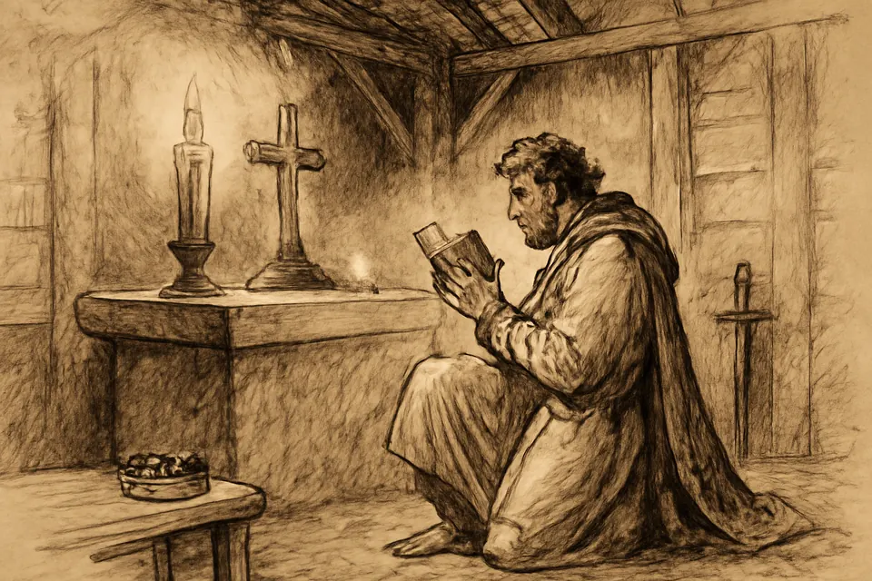 Ink-drawing-style scene of an Anglo-Saxon king kneeling at night in a small wooden church, reading from a little book of psalms by candlelight