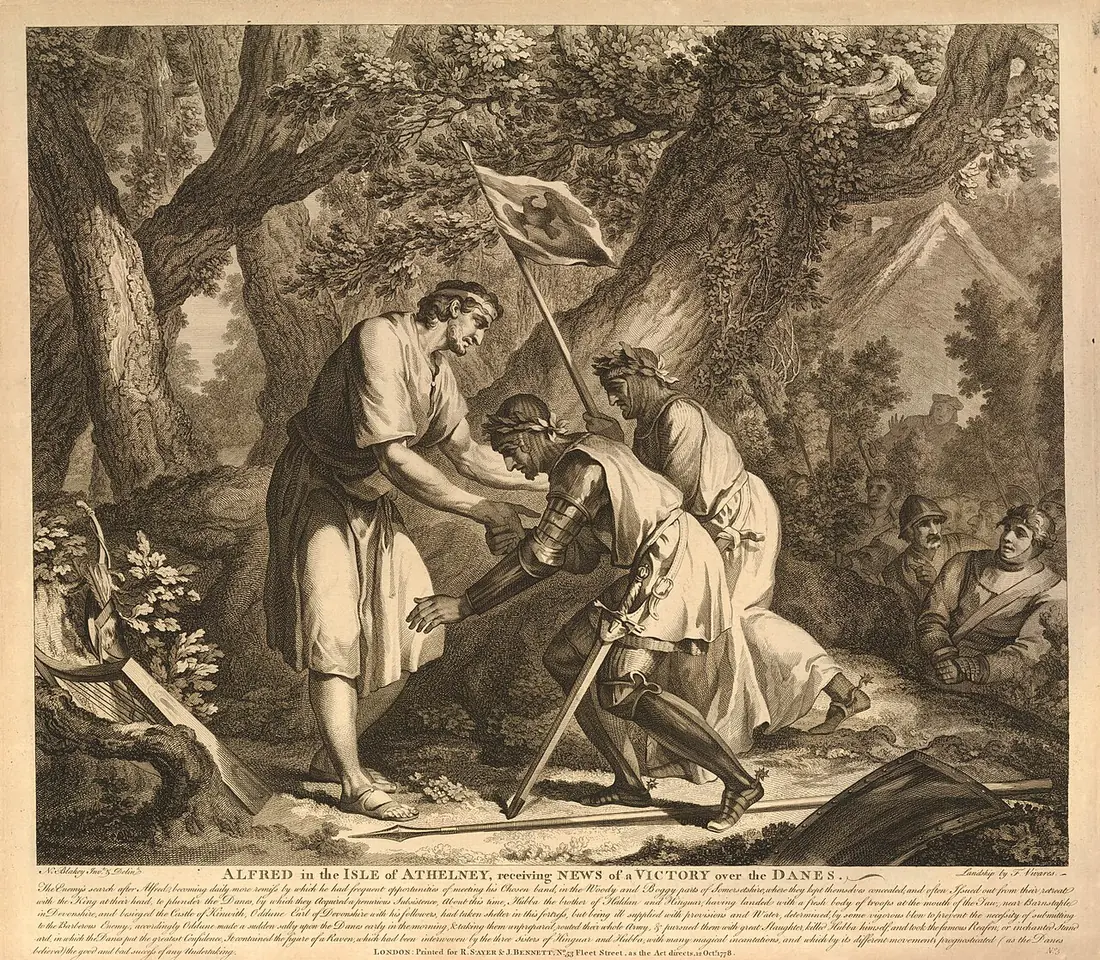 Eighteenth-century engraving of a king in a plain tunic in a wooded marsh camp, greeting kneeling armed messengers who bring a captured banner