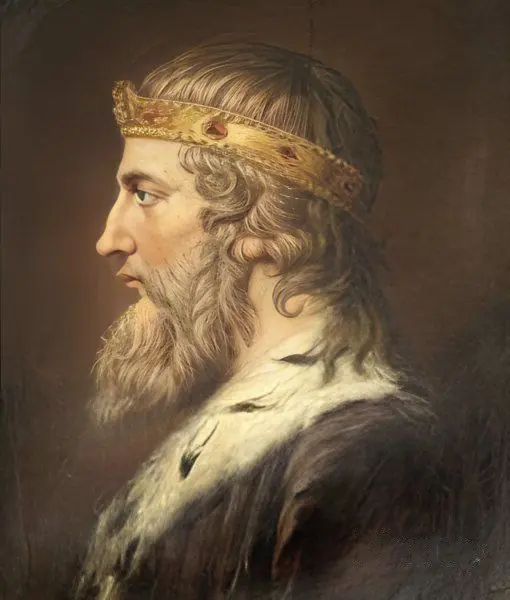 Oil portrait in profile of a bearded king with long curling hair, wearing a jeweled gold circlet and an ermine collar, against a dark background