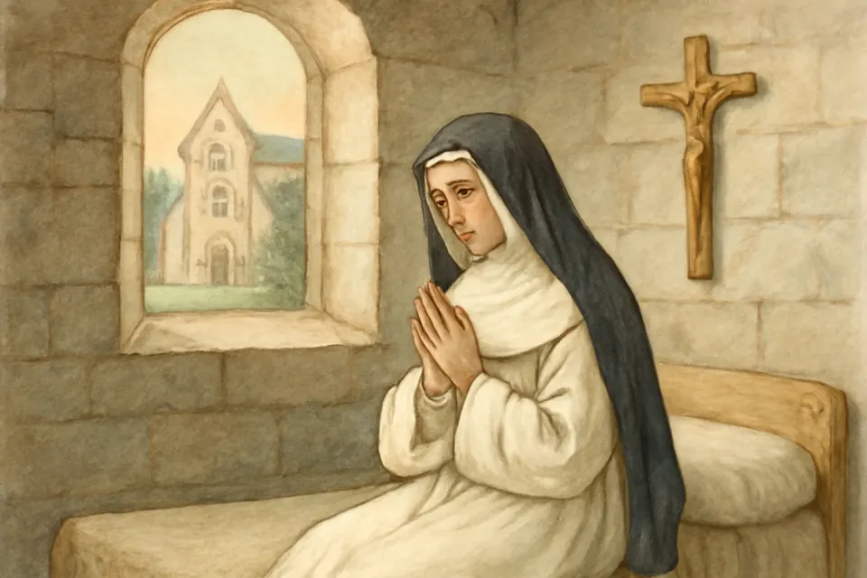 Watercolor-style illustration of a young Cistercian nun in white praying in a small cell at La Cambre Abbey