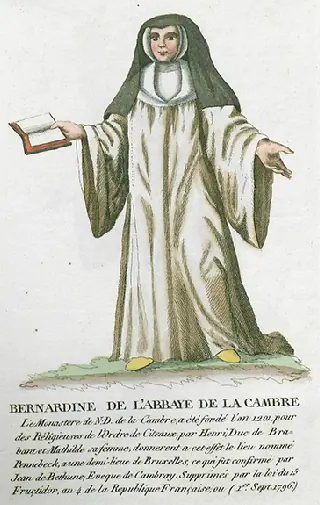 Hand-colored print of a Cistercian nun of La Cambre in a white habit with wide sleeves and a black veil, holding an open book, with a printed caption below