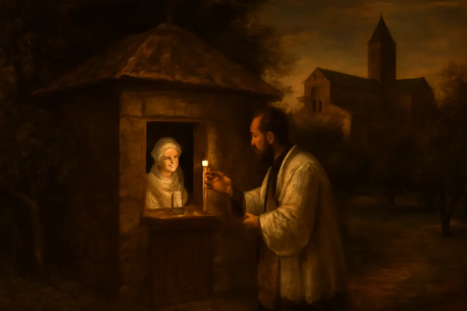 Illustration of a priest giving Holy Communion through the small window of an isolated cell to a sick nun wrapped in a white veil