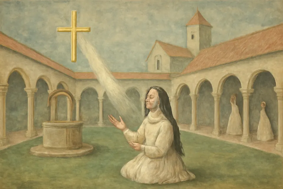 Illustration of a young nun kneeling in a cloister garden as a golden cross appears to her in a beam of light