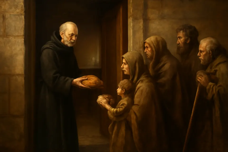Oil-painting-style scene of an old Augustinian friar in a black habit giving bread to poor men and women at the door of a Madrid friary