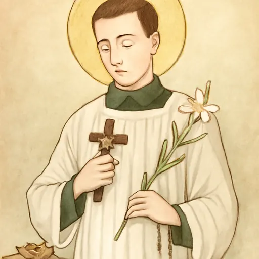 Oil-painting-style portrait of St. Aloysius Gonzaga as a pale young Jesuit in a black cassock and white surplice, holding a lily and a crucifix
