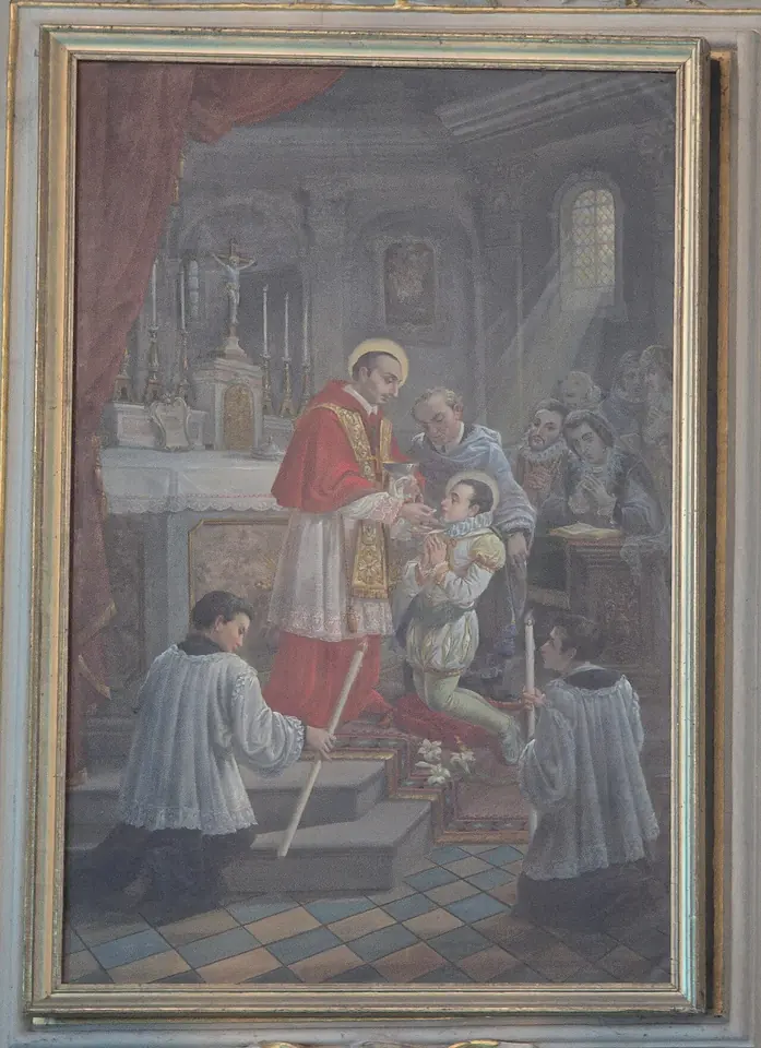 Church painting of a cardinal in red vestments giving Communion to a kneeling boy in a page's costume, with altar servers kneeling at either side