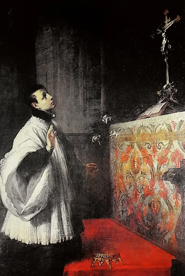 Painting of a young Jesuit in a black cassock and white surplice looking up toward a crucifix on an altar, with a prince's crown lying on a red cushion on the floor beside him