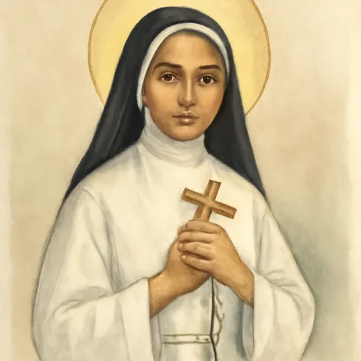 Watercolor-style portrait of St. Alphonsa as a young Indian sister with a dark veil and white habit, holding a small crucifix and smiling gently
