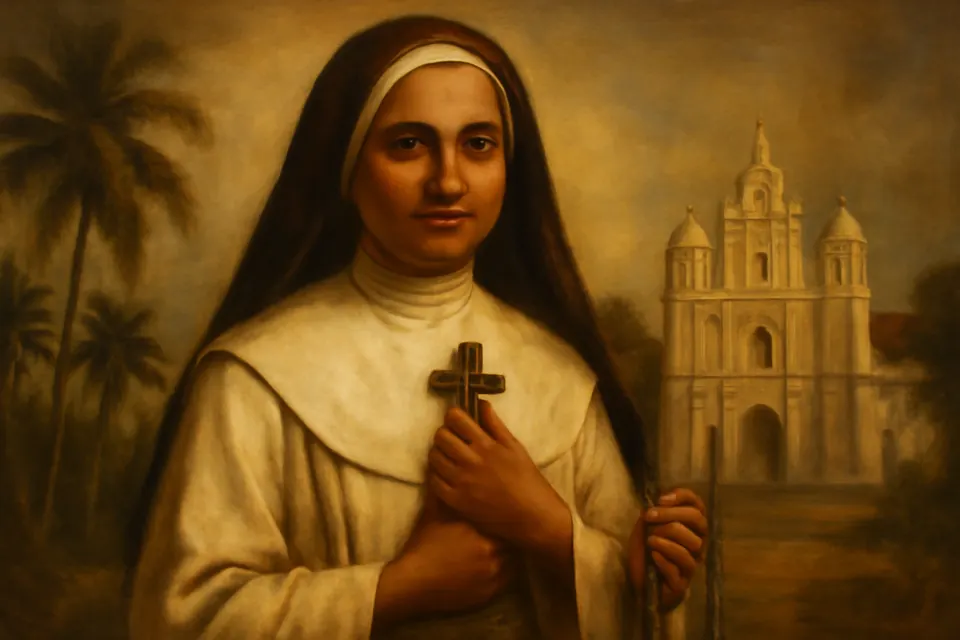 Oil-painting-style illustration of a young Indian Franciscan Clarist sister with a gentle smile, holding a crucifix and rosary