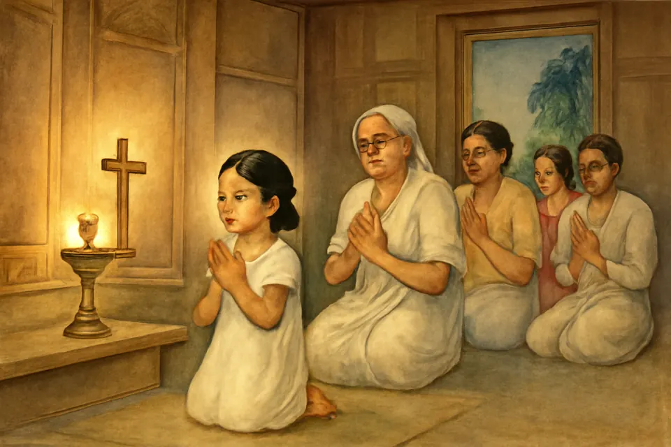 Watercolor-style illustration of a small Kerala girl leading her family's evening prayer before a lamp and a cross in the prayer room of a village house