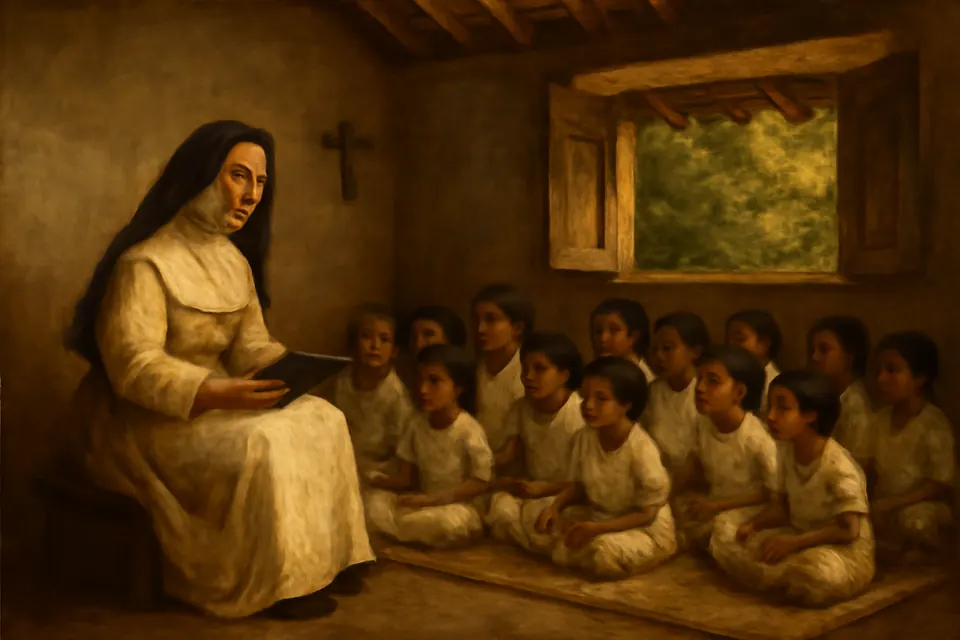 Oil-painting-style scene of a young sister in a white habit teaching small children seated on mats in a simple Kerala village schoolroom