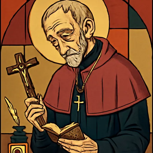 Oil-painting-style portrait of St. Alphonsus Liguori as an elderly bishop, stooped, holding a crucifix and a small book