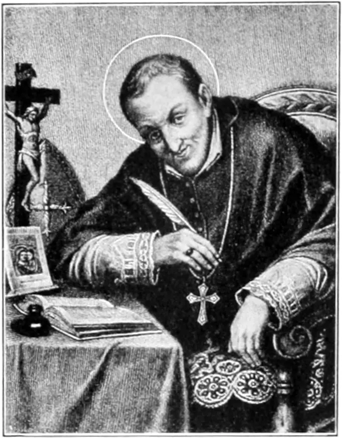 Black-and-white engraving of an elderly bishop with a halo seated at a desk, writing with a quill, a crucifix and a small picture of the Virgin beside him