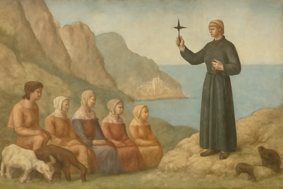 Illustration of Alphonsus Liguori as a young priest preaching to goatherds on the mountains above Amalfi