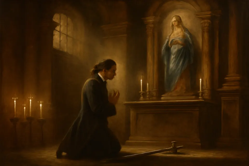 Illustration of the young lawyer Alphonsus Liguori laying his sword before a statue of Our Lady in a Naples church in 1723