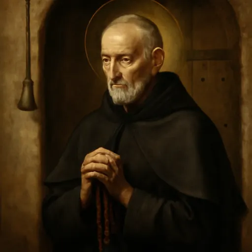 Oil-painting-style portrait of St. Alphonsus Rodriguez as an elderly, thin Jesuit lay brother in a black cassock, holding a rosary beside a heavy wooden door